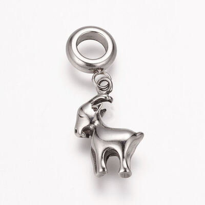

304 Stainless Steel European Dangle Beads Large Hole Pendants Antique Silver Chinese Zodiac Sheep 29mm