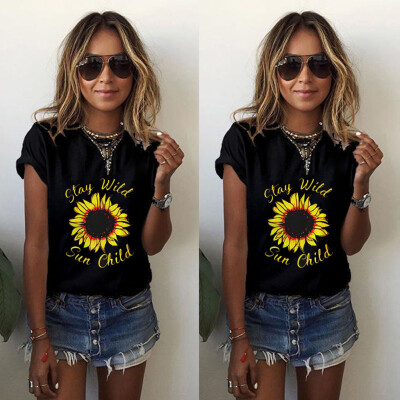 

Nomeni Women Short Sleeve Sun Child Sunflower Printed Casual T-Shirts T-shirt Tee Tops