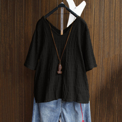 

Nomeni Womens Vintage Solid Color V-Neck Short Sleeve T-Shirt Loose Tops Blouse