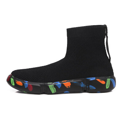 

High Top Socks Shoes Male Casual Fly Weaving Soft Flat Vulcanized Shoes Camouflage Bottom Ribbon Design Zapatillas Lona Hombre