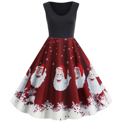 

Tailored Womens Vintage Merry Christmas Print Housewife Evening Party Sleeveless Dress