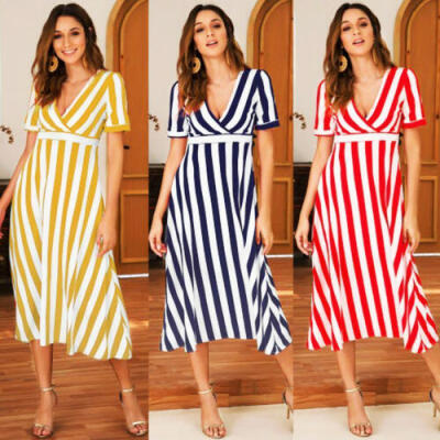 

New Women Wrap Stripes Short Sleeve Midi Dress V Neck High Waist Loose Sundress