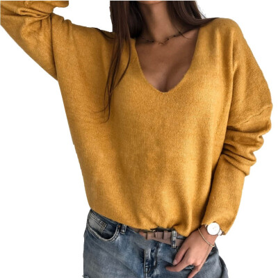 

2019 Autumn Women Fashion Simple Temperament Candy colors Deep V-neck Long sleeve Pullover