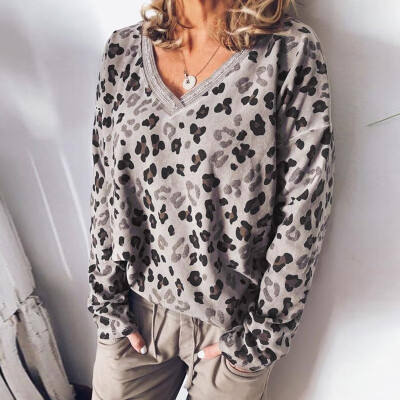 

Casual Women Leopard Print T-shirt V Neck Long Sleeve Loose Tunic Basic Tee Tops Blouse GreyKhaki