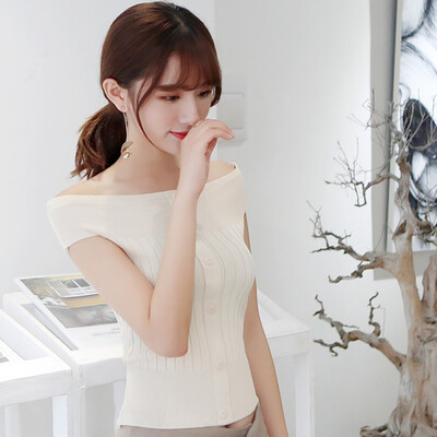 

Womens Off Shoulder Top Fashion Slash Neck Solid Sleeveless Knitted Sexy Pullover T-Shirt