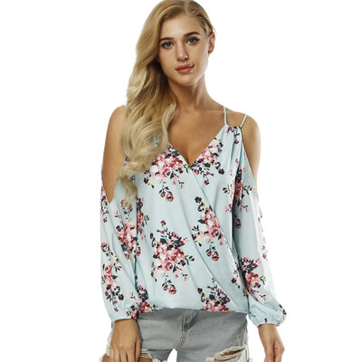 

2018 Spring Multi-color Shirts Women blouse v neck Double Straps Cold Shoulder Chiffon Blouse Women Casual Loose Beach Tops