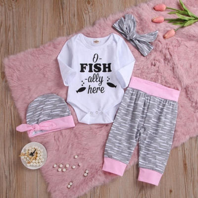 

4Pcs Newborn Infant Baby Girls White Small Fish Letter Print Long Sleeve Cotton Romper Long Pants Hat Headband Clothes O