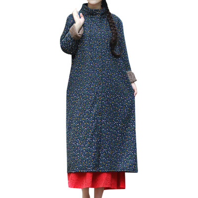 

Toponeto Women Winter Warm Flora Print Cotton Linen Coat Warm Long Jacket Overcoat