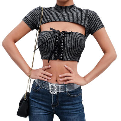 

Summer Women Crop Tops Sexy Hollow Out Front Bandage Short Sleeve T-shirt