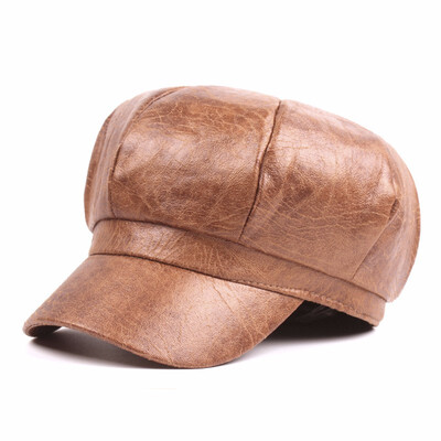 

Womens Brown Peaked Caps Soft Faux Leather Hat Newsboy Ivy Cap for Men Women
