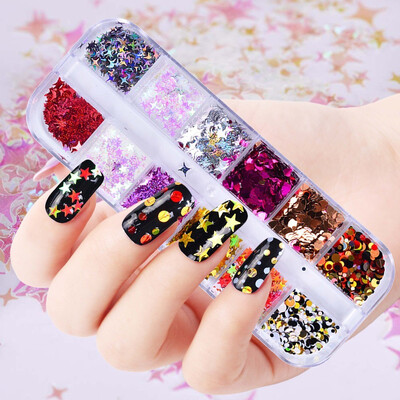 

Toponeto 12 Colors Nail Art Tips Stickers Acrylic 3D Glitter Sequins Manicure DIY