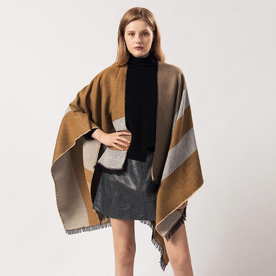 

Fashion Women Winter Poncho Striped Print Pattern Scarf Thick Warm Shawl Vintage Casual Pashmina Cloak Outerwear