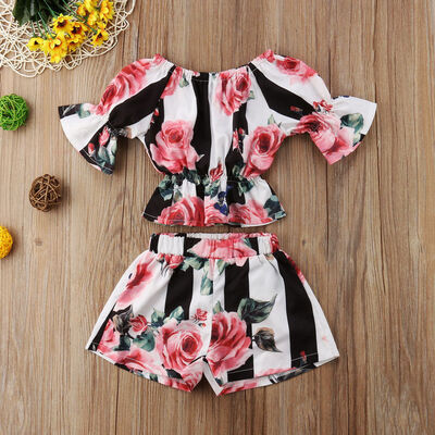

Hot Toddler Kids Girls Stripe Floral Tunic Tops Shorts 2pcs Outfits Set Clothes