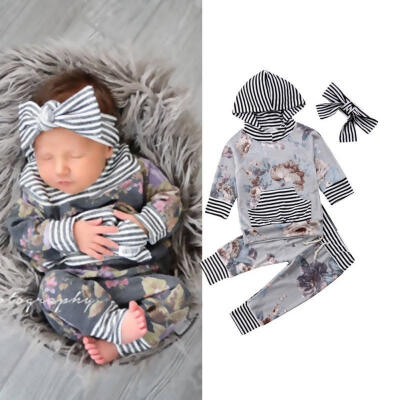 

Newborn Baby Girls Striped Hooded Flower Tops ShirtPants Outfit Tracksuit Clothes 3pcs