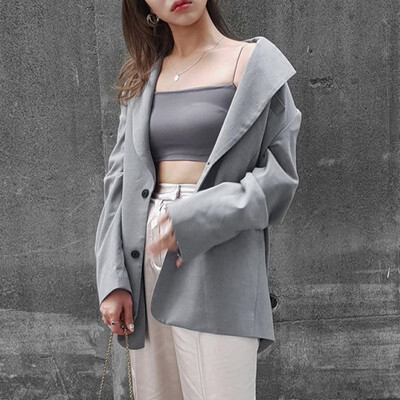 

Gobestart Fashion Women Outwear Long Sleeves Gray Lapel Tailored Collar Cardigan Suit Coat