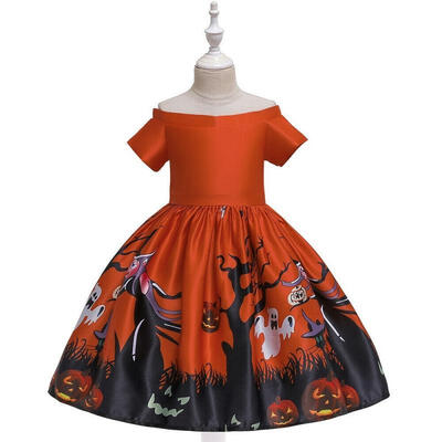 

Children Halloween Formal Dress Black Pageant Party Ball Gown Lace Sleeve Evening Costume Pumpkin Ghost Print Kids Girl Dresse