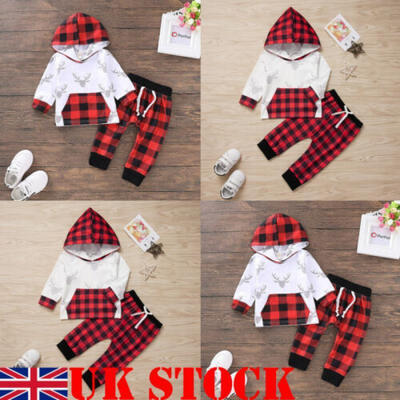 

Baby Boys Plaid Hooded Deer Printed Bib TopsPants 2Pcs Outfits Set Christmas