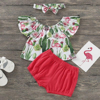 

Kid Baby Girl Flamingo Cactus Top T-shirt Shorts 2pcs Outfit Set Summer Clothes