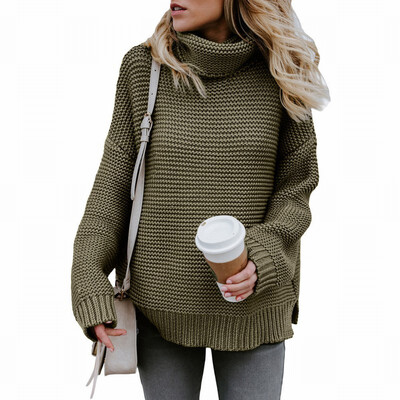 

High neck long sleeve pullover loose sweater casual rib knit sweater womens