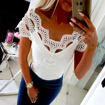 

Women Short Sleeve Lace T Shirts Fashion Ladies Summer Casual Blouse Tops Shirt