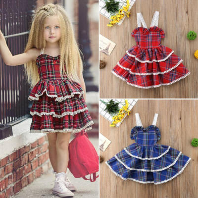 

AU Princess Kids Baby Girl Dress Lace Plaid Ruffle Layered Party Pageant Dresses