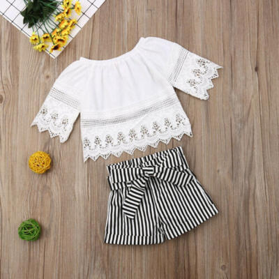 

US STOCK 2PCS Toddler Baby Girl Outfit Clothes Lace TopsStripe Shorts Pants Set