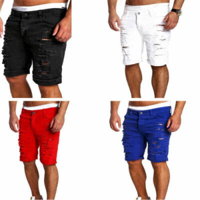 

Mens Skinny Runway Straight Short Denim Pants Destroyed Ripped Jeans Shorts US