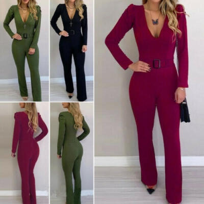 

Women High Waist V Neck Long Sleeve Bodycon Party Jumpsuit Romper Belt Trousers