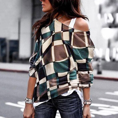

New Womens Casual Loose Shoulder-bare Plaid Printed Long Sleeve Tops T-Shirt