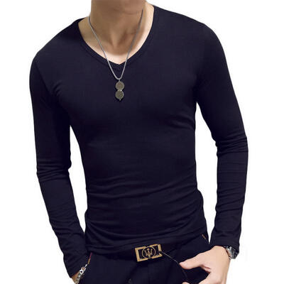 

Casual Mens Solid Color Slim Long Sleeve T Shirt V Neck Tight Bottoming Shirt For Men