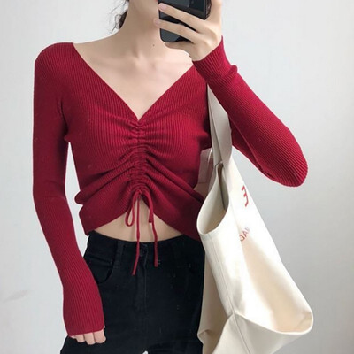 

sweater women Sexy lace up knitting pullover top Fashion autumn winter Chic pink V-neck knit slim jumper pull femme New
