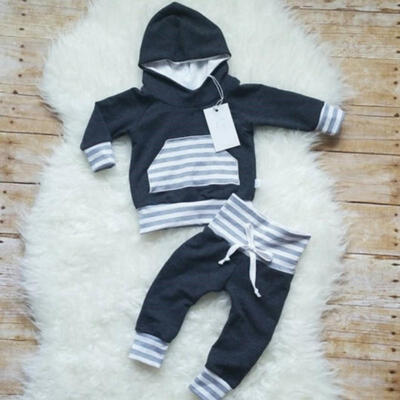 

2Pcs Newborn Kids Baby Boys Striped Hooded Tops Pants Leggings Outfits Set Clothes