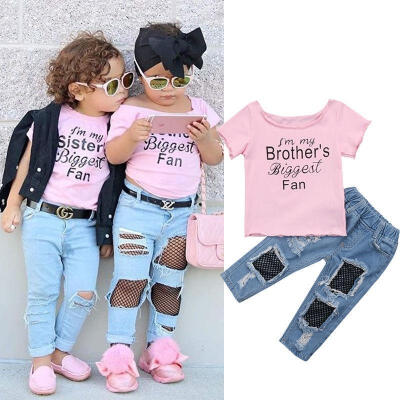 

Kids Baby Girls T shirt TopsMesh Jeans Pants 2pcs Outfits Set Clothes