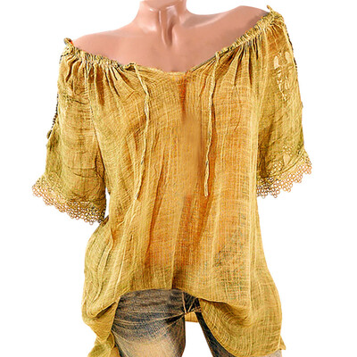 

Nomeni Women Casual Cold Off Shoulder Lace Solid Slash Neck Plue Size Tops Shirt Blouse