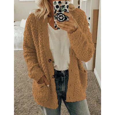 

Long Sleeve Solid Color Plush Cardigan Sweater Tops Button Up Outwear Coat