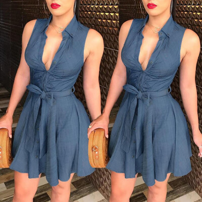 

Womens Ladies Vintage Casual Jeans Mini Skater Dress Denim Shirt Dress