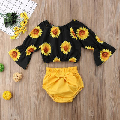 

Summer Toddler Baby Kids Girls Sunflower Tops Bowknot Shorts 2Pcs Outfits Sets 2018 new