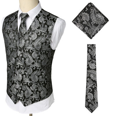 

SUNSIOM 3Pcs SET Mens Formal Vest Slim Tie Hankie Causal Fit Tuxedo Suit Waistcoat Coat