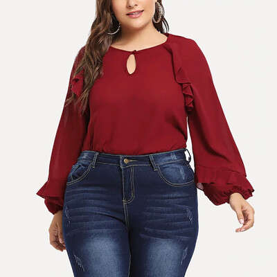 

Gobestart Womens Solid Plus Size Long Sleeve Shirt Ruffle Blouse Tops