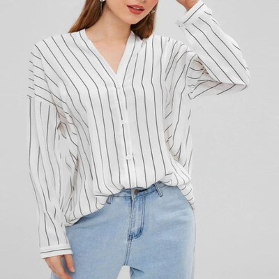 

Women Long Sleeve Striped Shirt Loose V-neck Tops Blouse Casual Formal Office