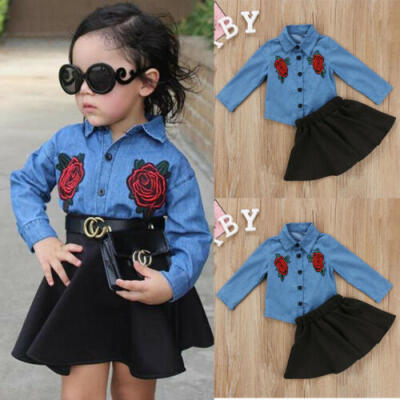 

UK Toddler Kids Baby Girls Outfits Floral Clothes Denim Shirt Tops Tutu Dress