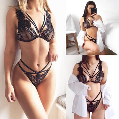 

Women Sexy Lace Bra Set Lingerie G-String Crotchless Nightwear Sheer Underwear