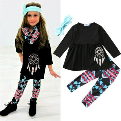 

US Stock Kids Baby Girls Shirt Top Floral Pants Headband 3pcs Clothes Outfit Set