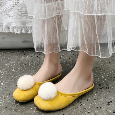 

Rose Slippers Female Spring Shallow Mouth Hair Ball Flat Bottom Scoop Shoes