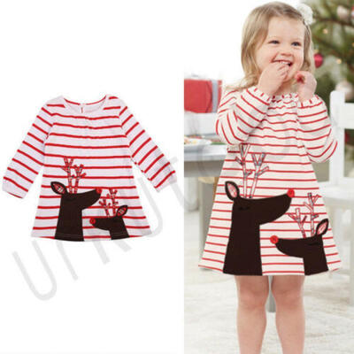 

New Newborn Baby Girl Christmas Deer Dress Long Sleeves Tops Shirt Clothes