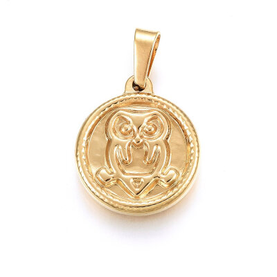 

304 Stainless Steel Pendants Large Hole Pendants Flat Round with Owl Golden 21x185x3mm Hole 7x4mm