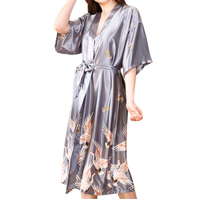 

Women Printing Nightgown Silk Robes Girl Sleep Wear Long Satin Bathrobe