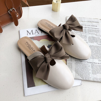 

Sandals women wear 2019 new spring&summer Joker Korean bow flat-bottomed square head half lazy Mueller shoes