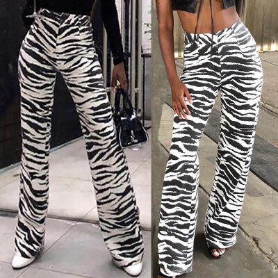 

Fashion Women Zebra Pattern Zipper Stripe High Waist Casual Trousers Loose Pants