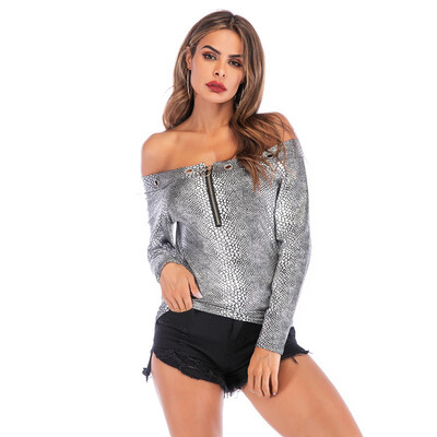 

Novel Design Snake Print Women T Shirt Sexy Off Shoulder Ruffled Slash Neck Zipper Tshirt Long Sleeve Summer Casual Tops Tee